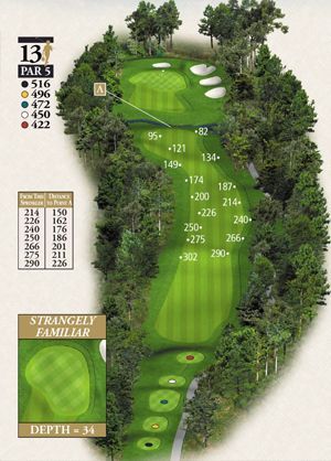 A map of a golf course with the number 13 on it