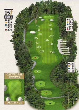 A map of a golf course with the number 15 on it