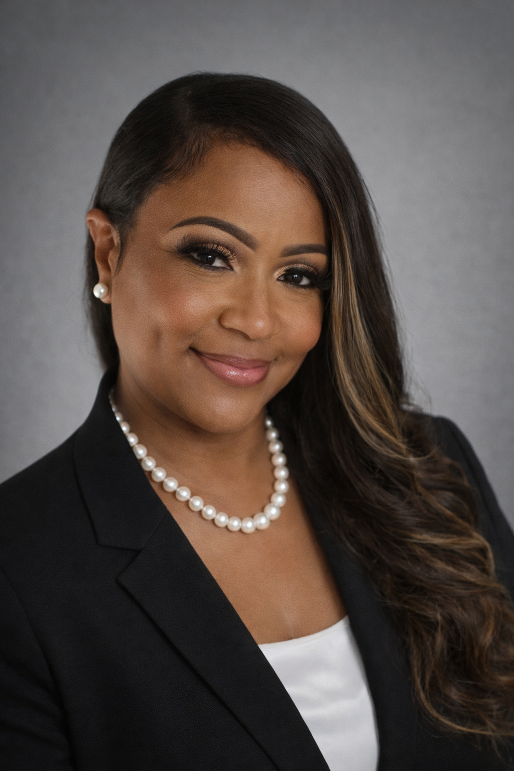 A woman is sitting at a desk with a laptop and a vase of flowers.