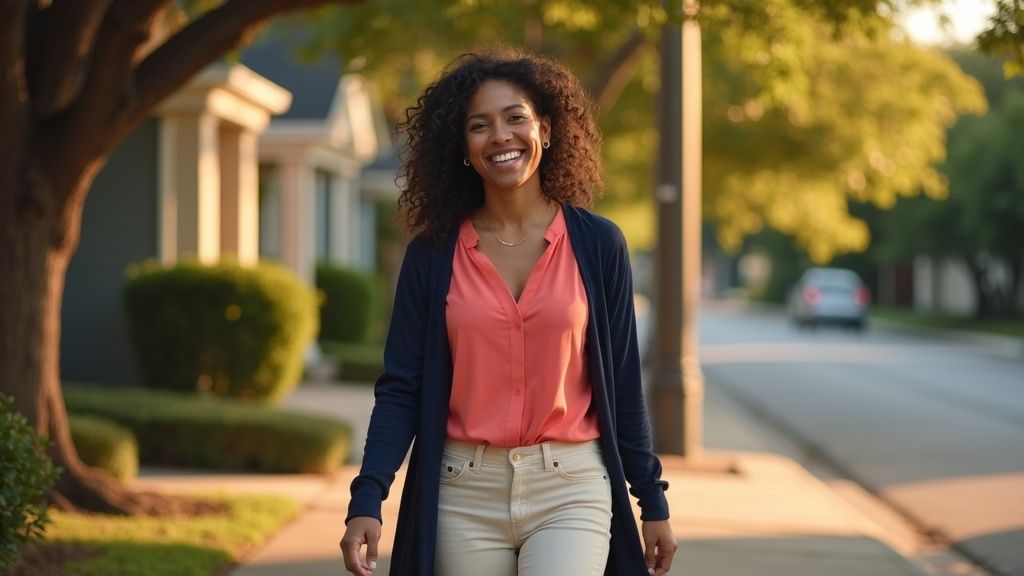 Woman walking comfortably through Houston Heights after hemorrhoids menopause treatment