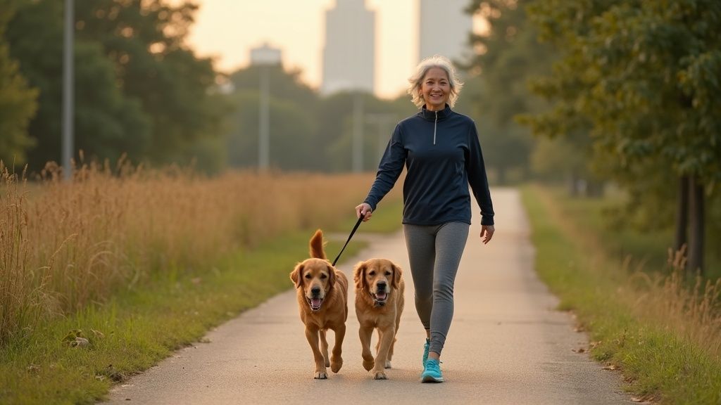 Woman walking comfortably through Houston Heights after successful hemorrhoid surgery recovery