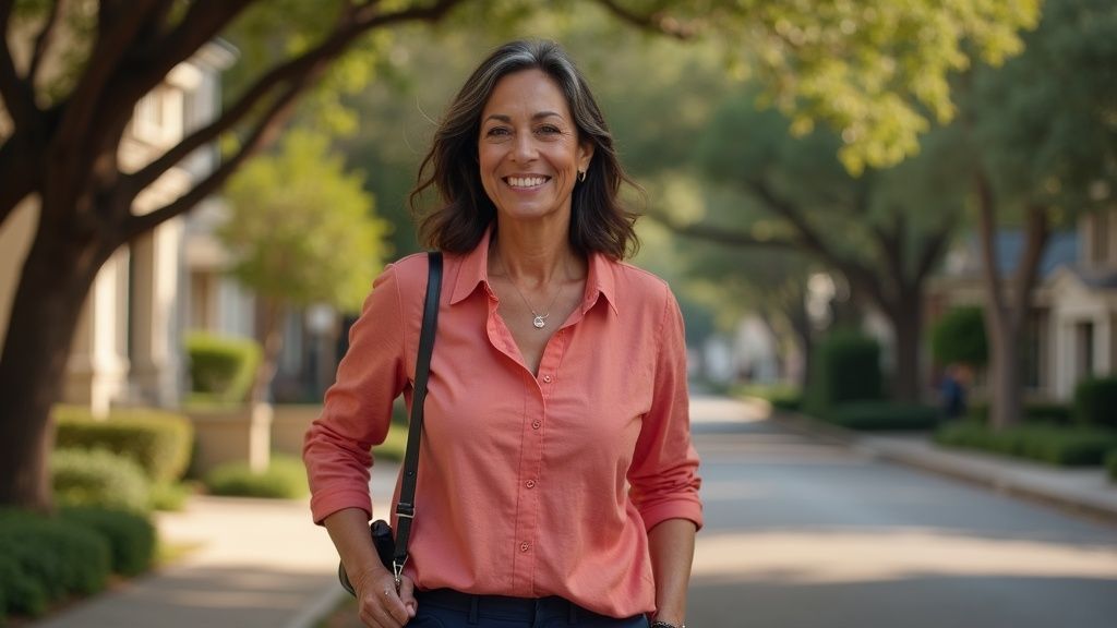 Woman walking confidently on Heights Boulevard after successful bowel endometriosis surgery outcomes