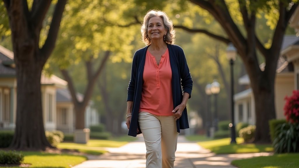 Woman walking comfortably through Heights Boulevard enjoying restored quality of life after rectal prolapse symptoms treatment