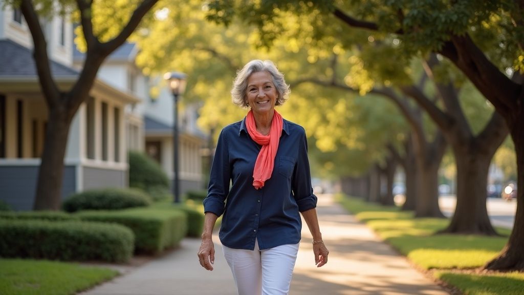 Woman walking confidently on tree-lined Heights Boulevard after successful rectal prolapse surgery recovery