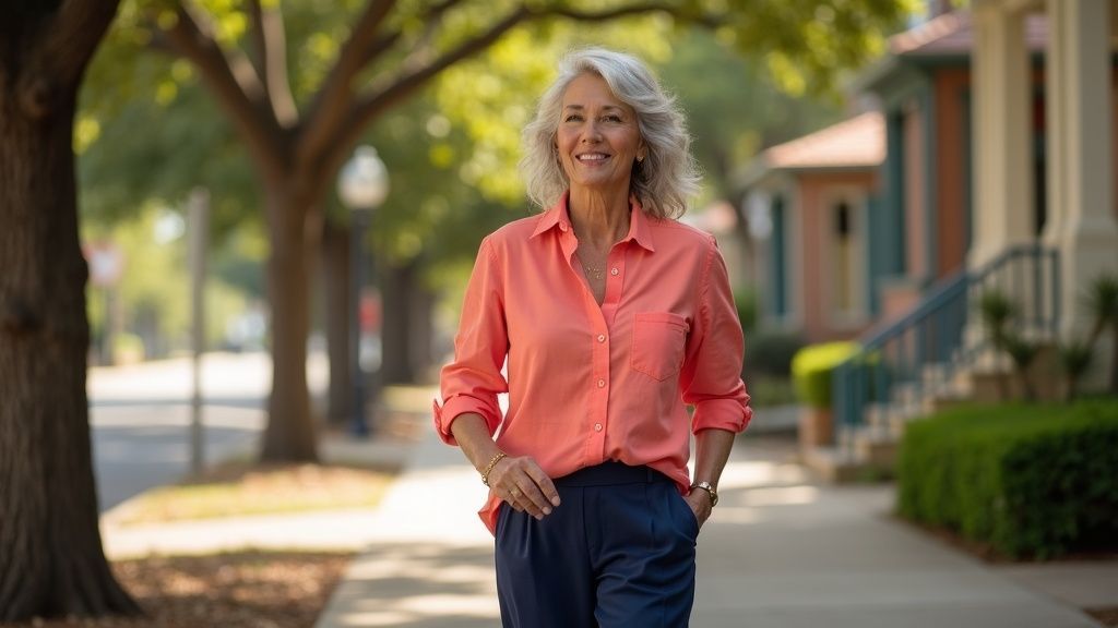Confident woman walking along tree-lined Heights Boulevard after rectal prolapse treatment and surgi