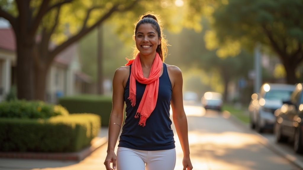 Woman walking confidently through Houston Heights after bowel endometriosis symptoms were properly d