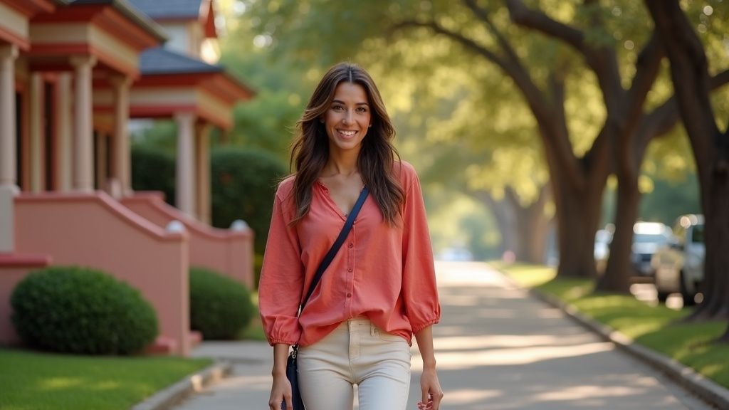 Woman walking confidently in Houston Heights after rectal endometriosis diagnosis and treatment