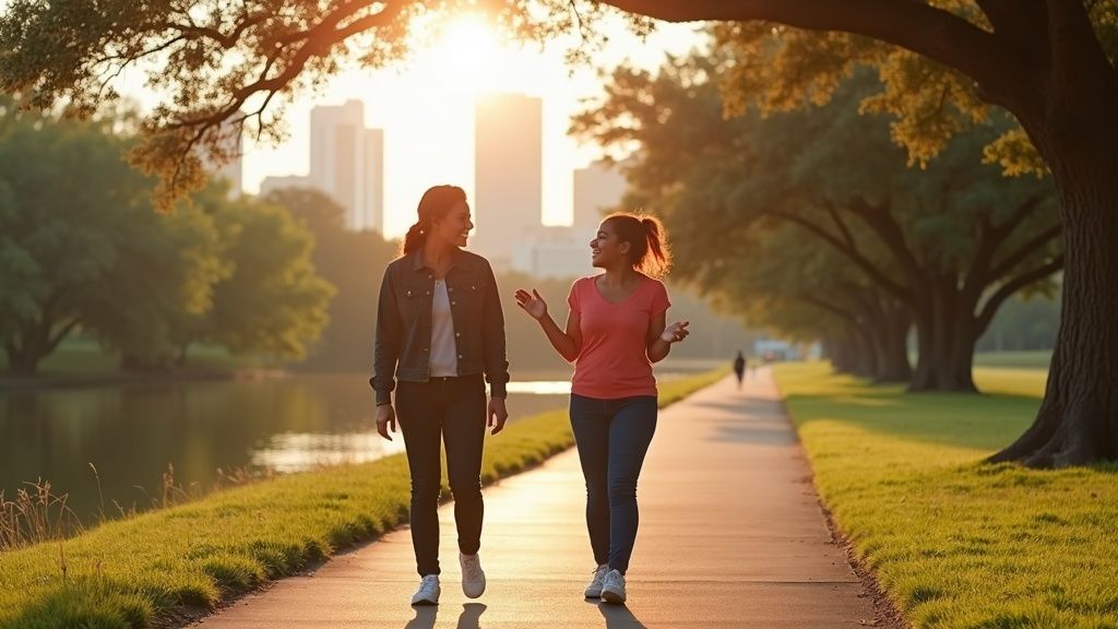 Woman walking confidently in Houston Heights after receiving bowel endometriosis diagnosis and treat