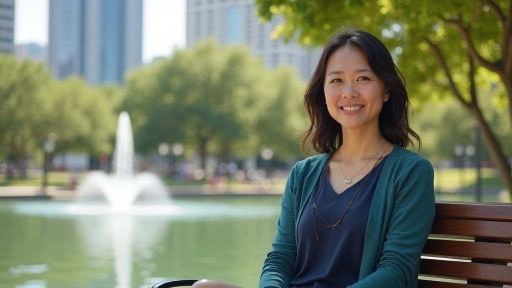 Woman in Houston reflecting on bowel endometriosis care with a colorectal surgeon at a Heights-area park