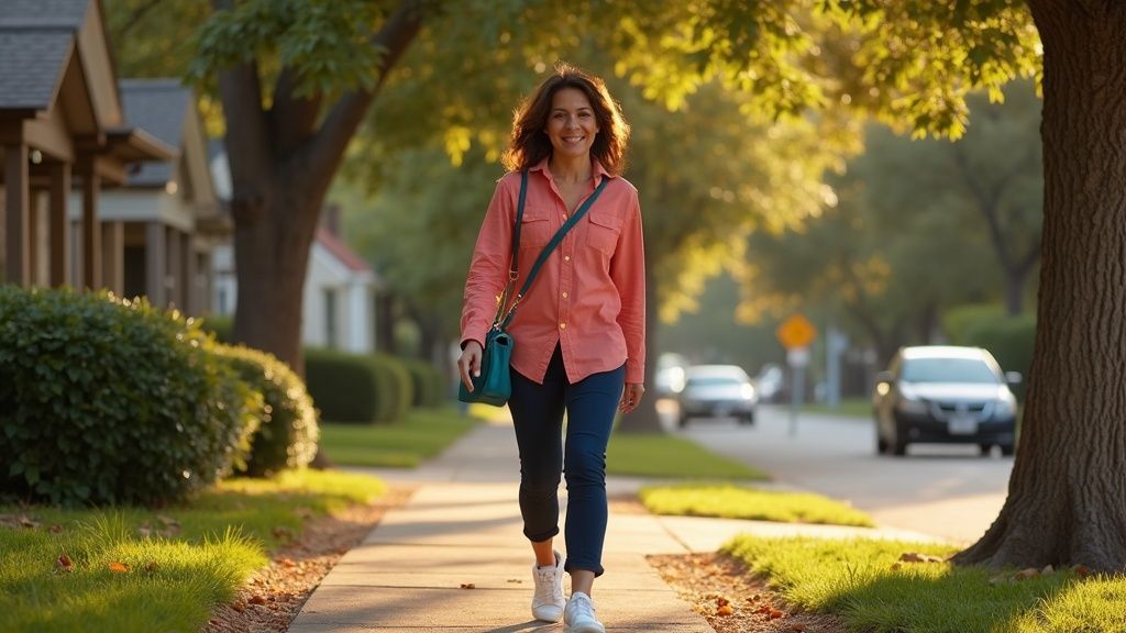 Woman walking comfortably on Heights Boulevard after rubber band ligation hemorrhoids treatment in Houston