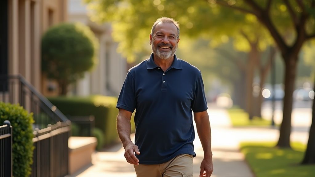 Man walking confidently on Heights Boulevard after successful anal fistula surgery and recovery