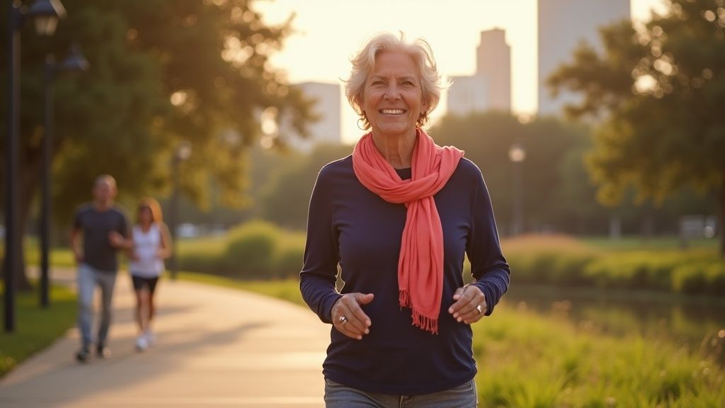 Woman confidently walking Buffalo Bayou trail after successful fecal smearing treatment in Houston H