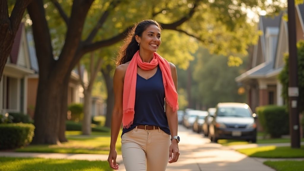 Woman walking confidently on Heights Boulevard after bowel endometriosis quality of life improvement