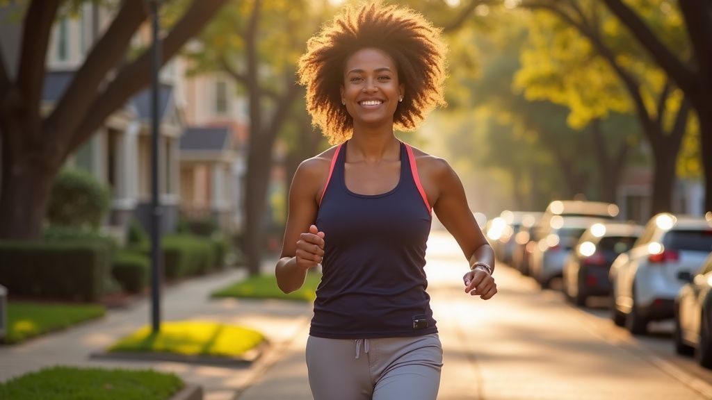 Woman walking confidently in Houston Heights after bowel endometriosis treatment options restored her quality of life