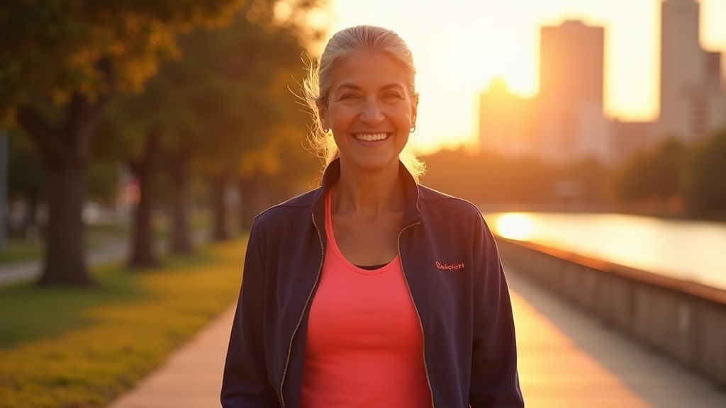 Woman walking confidently on Buffalo Bayou trail after colon cancer follow up care in Houston