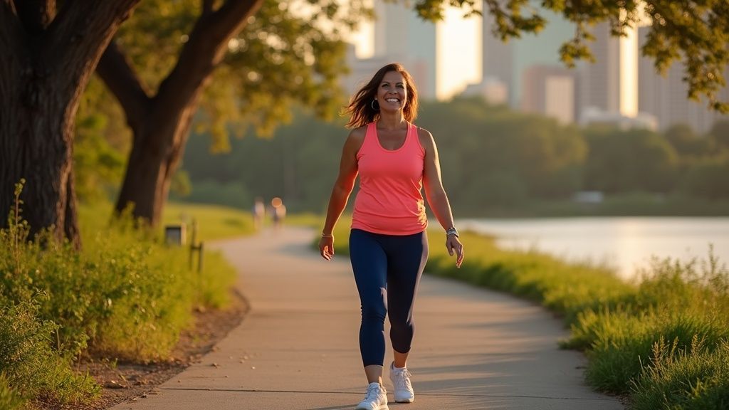 Woman walking confidently on Buffalo Bayou trail after successful stress and bowel control treatment in Houston