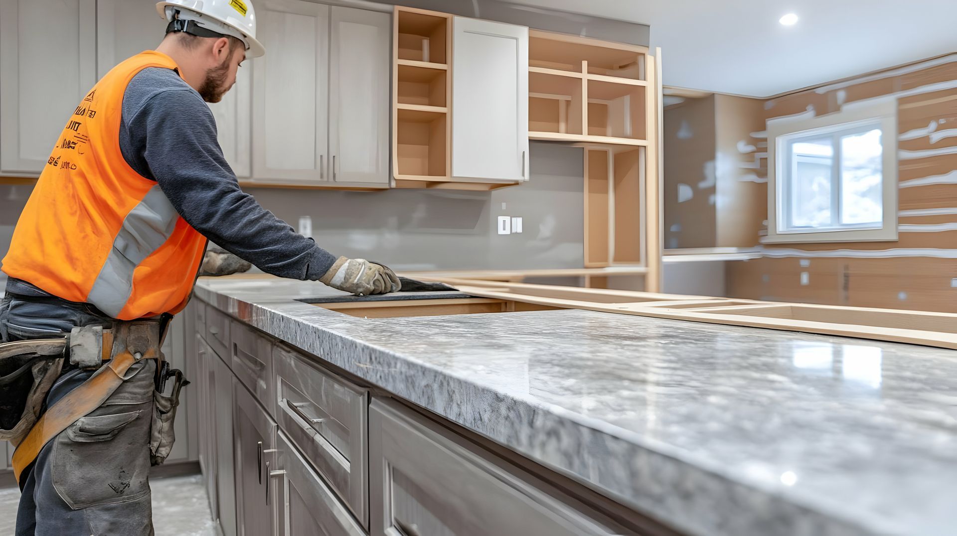 A construction worker is installing granite counter tops in a kitchen.