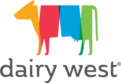Colorful cow silhouette logo for Dairy West.