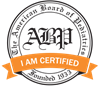 American Board of Pediatrics certification seal with orange ribbon: