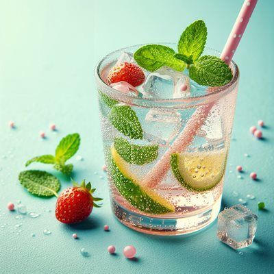 Glass of pink-tinted drink with ice, strawberries, lime, mint, and a pink straw on a light blue surface.