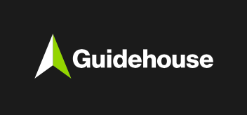 Guidehouse logo on a black background. White arrow with green accents, and white text.