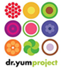 Nine colorful circular food icons, logo for Dr. Yum Project.