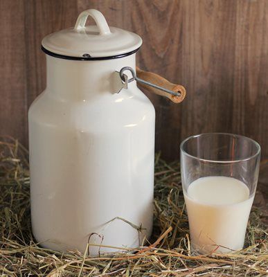 White milk can with a glass of milk on straw. Wooden handle and lid.
