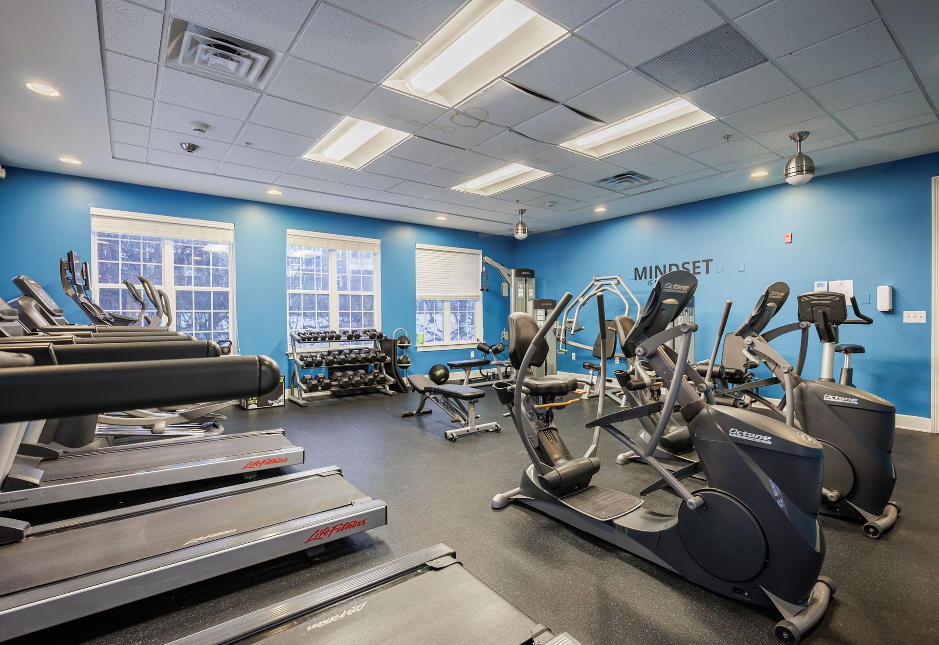 Fitness center with treadmills, ellipticals, and weight machines