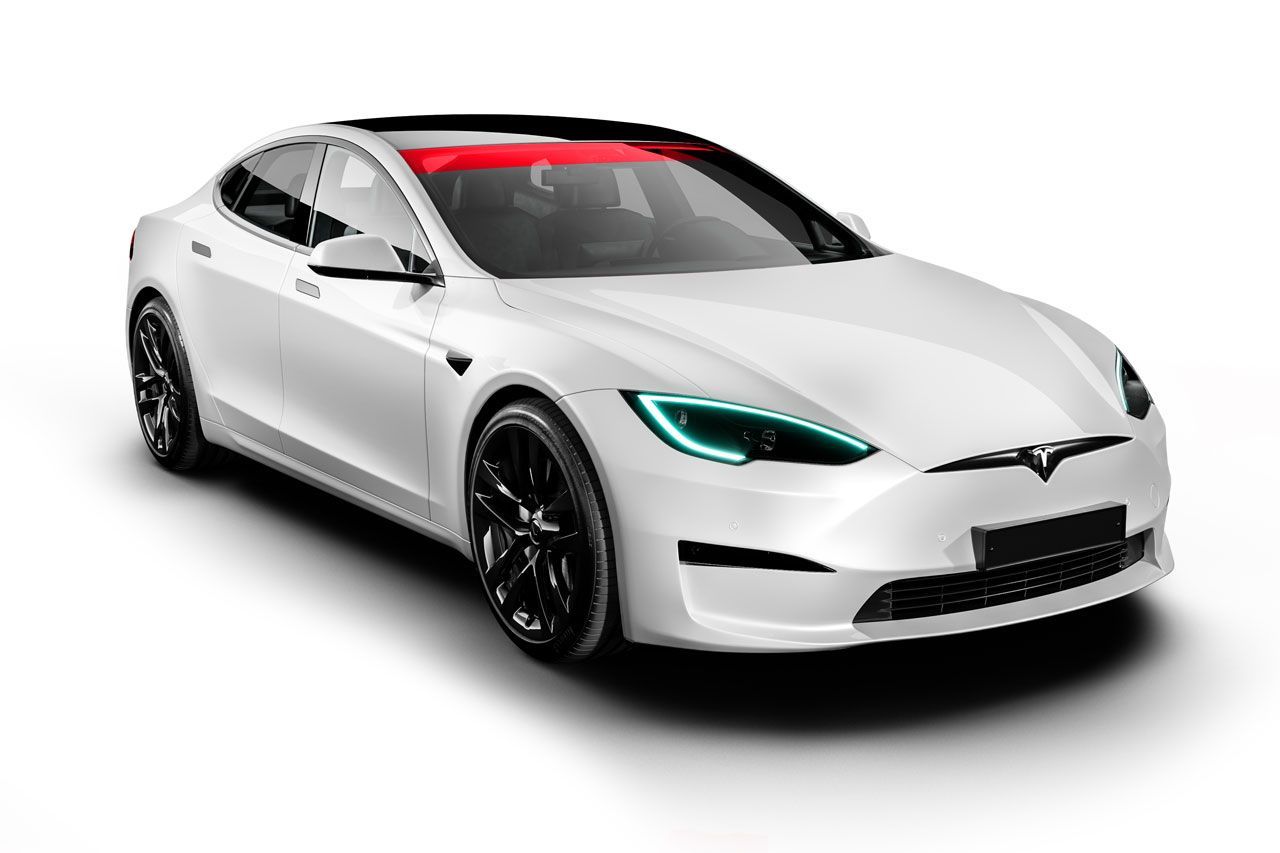 White Tesla sedan with black wheels, red bar across the windshield, and bright blue headlight accents.