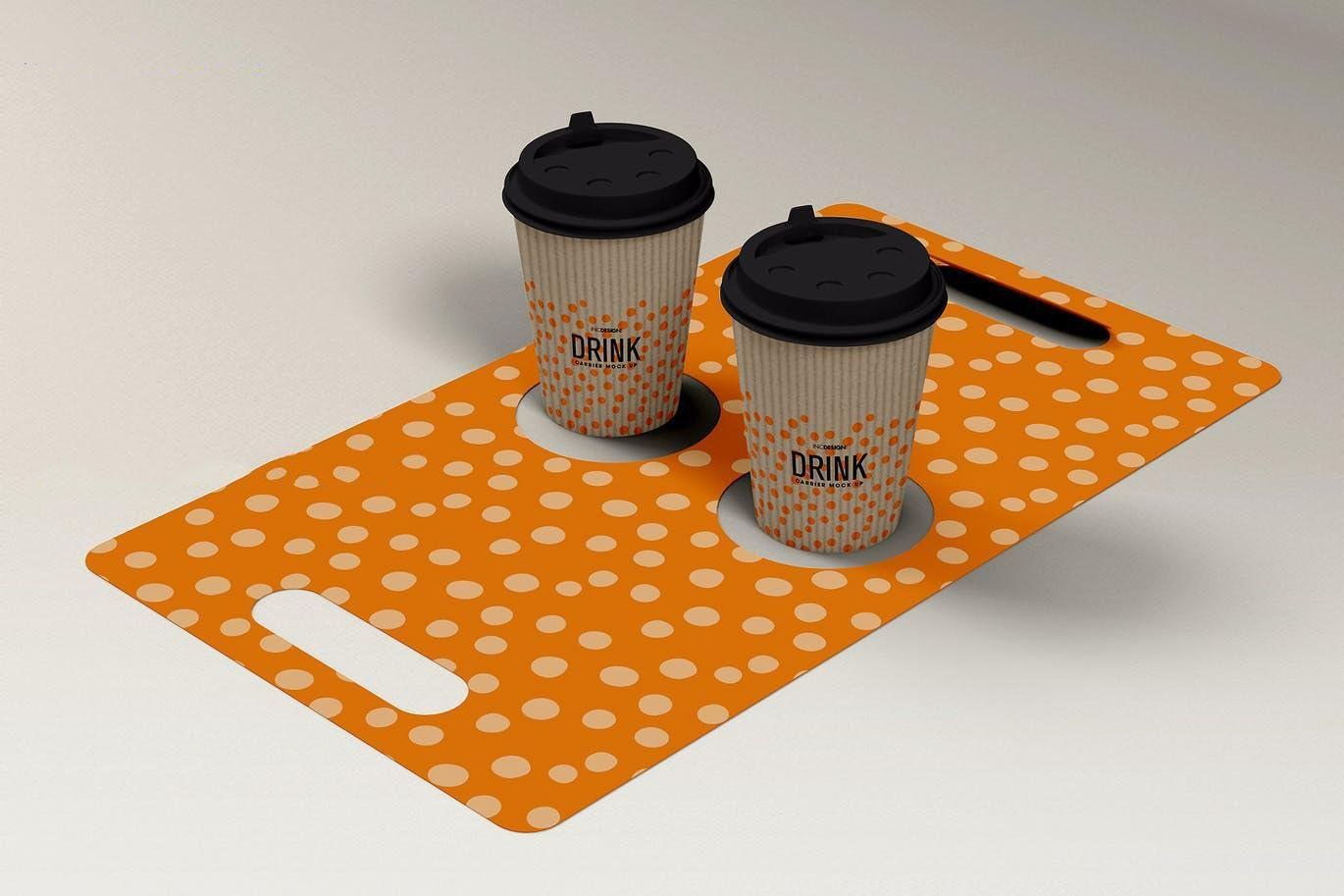 Two cups of coffee are sitting on top of an orange polka dot tray.