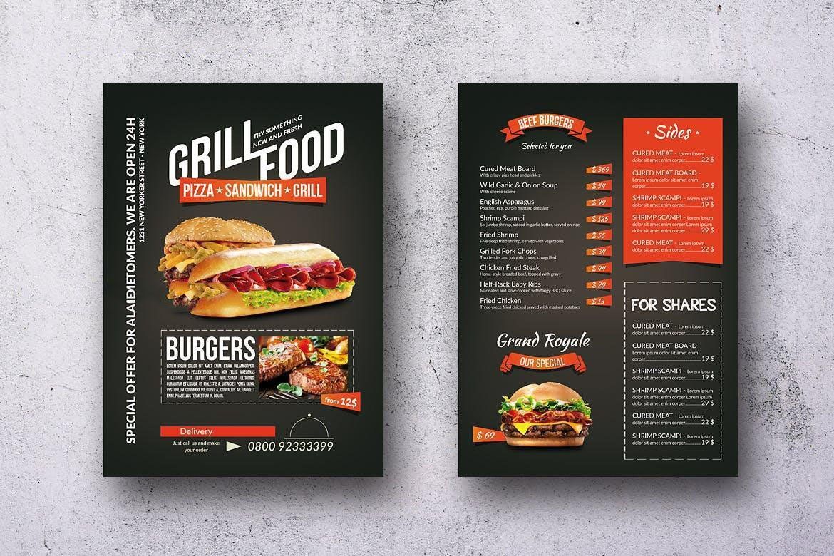 The front and back of a grill food menu.
