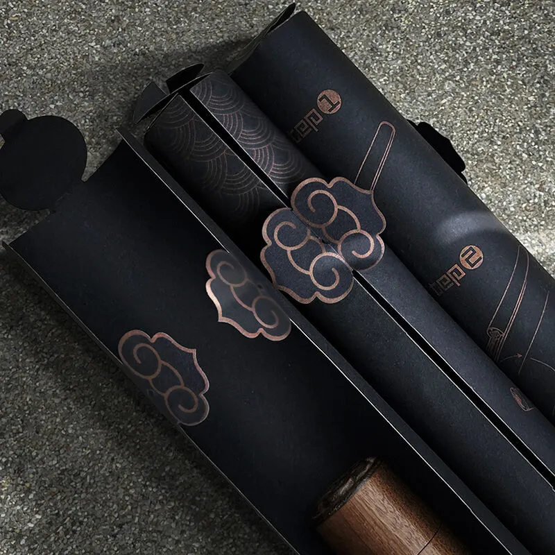 A black box contains three rolls of paper with a copper design on them