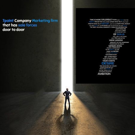 A man is standing in front of a sign that says 7points company marketing firm that has sole forces door to door