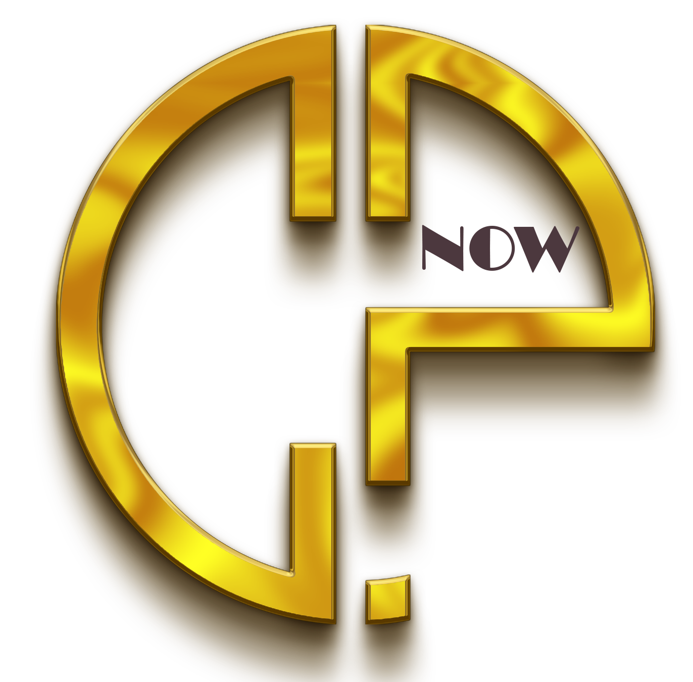 A gold logo with the word now on it