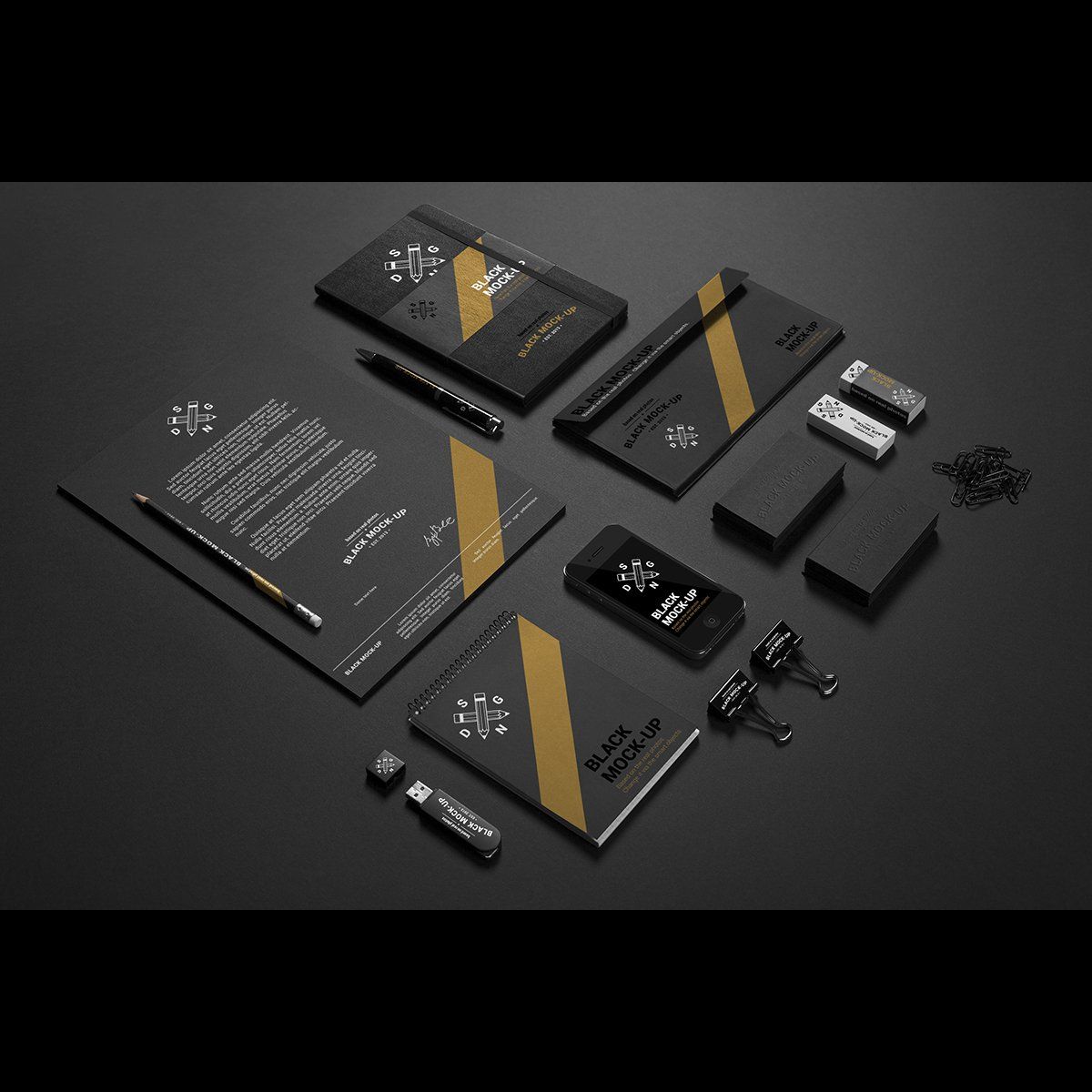 A black and gold corporate identity mockup with a phone