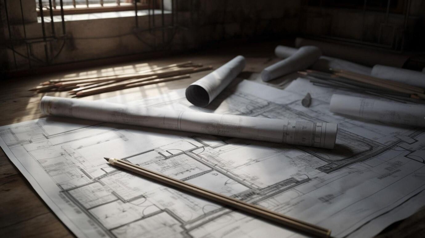 A bunch of rolls of blueprints and pencils on a table