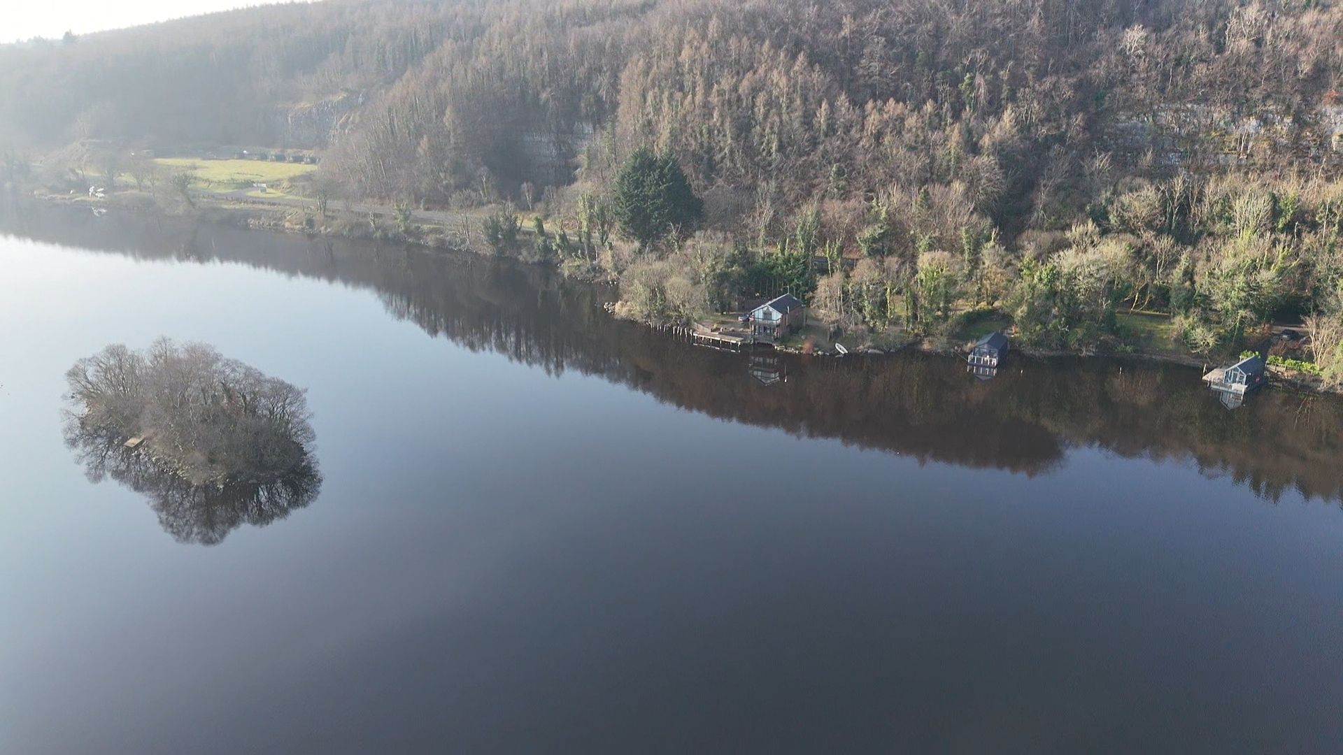 An aerial view of a lake with trees on the shore and a small island in the middle.