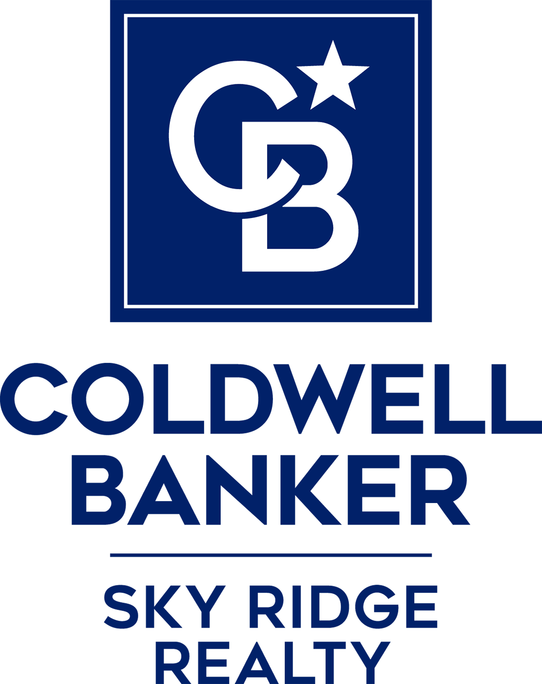 The logo for coldwell banker sky ridge realty is blue and white.
