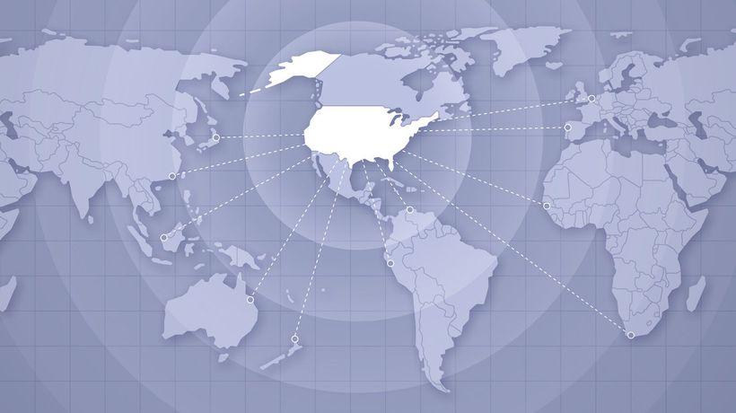 World map highlighting North America, connected with lines.