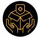 Hands holding an open box with medical cross, black background, gold outline.