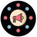 Pink megaphone at the center of interconnected circles. Red and blue dots surround the megaphone on a black background.