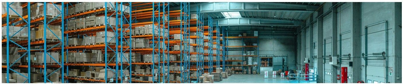 Warehouse interior with tall shelves filled with boxes; a person stands in the distance.