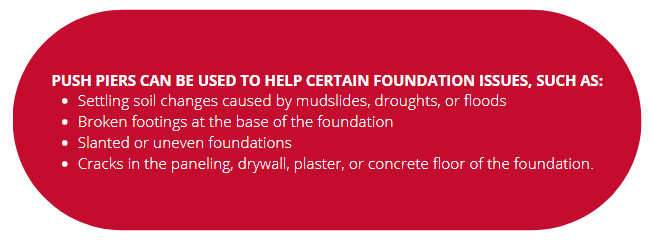 A red sign that says push piers can be used to help certain foundation issues such as