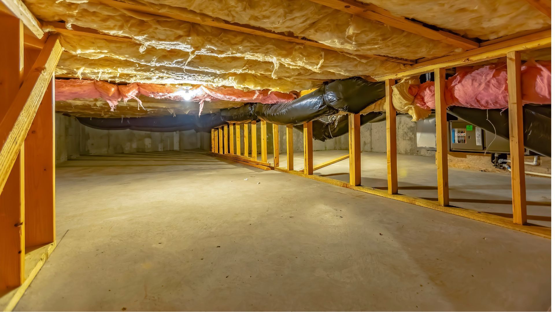 A very large empty basement with a lot of pipes and insulation.