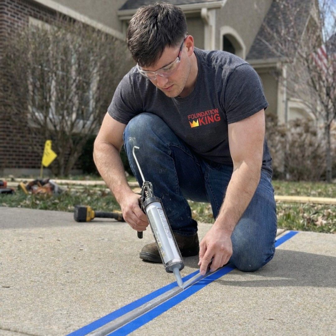 A worker wearing safety glasses applies sealant to a concrete driveway crack marked with blue tape.