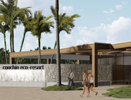 Modern resort entrance with palm trees, stone walls, and people walking by a sign reading “cochin eco-resort”