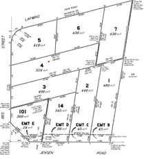 Plotted site plan with numbered lots, roads, and labeled empty units/buildings.