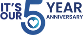 Blue logo celebrating a 5-year anniversary. Features 