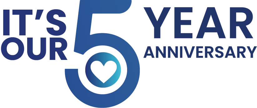 Blue logo celebrating a 5-year anniversary. Features 