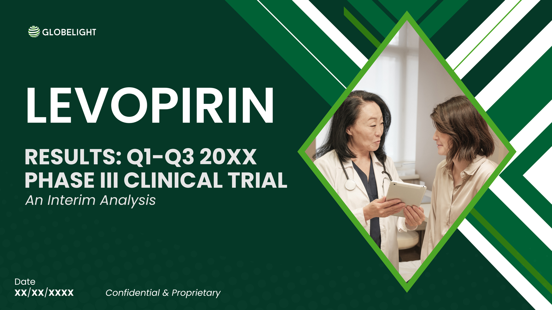 Presentation slide: LEVOPIRIN results, Phase III clinical trial. Dark green, doctor and patient inside a diamond.